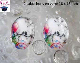 2 cabochons glass 18mm x 13mm bird theme