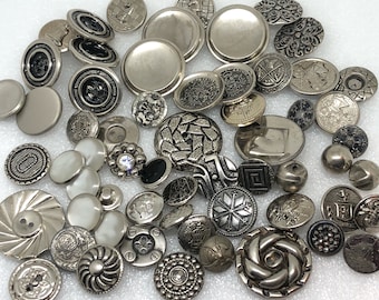 Silver Button Lot Antique and Vintage Metal Buttons White Metal Pewter Steel Cup Rhinestone Tint French Tight