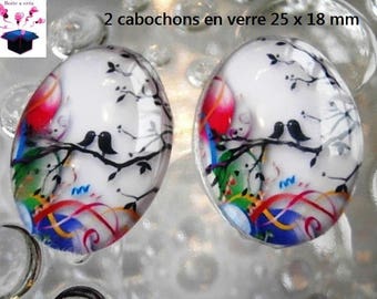 2 cabochons glass 25mm x 18mm bird theme
