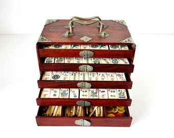 Vintage Mahjong Set in Wood Chest Bone & Bamboo