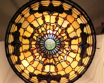 Tiffany Style Jeweled Stained Glass Pendant Chandelier, Lighting, Hanging Lamp, 20" Diam, Multi-Colors, Stained Glass Jewels