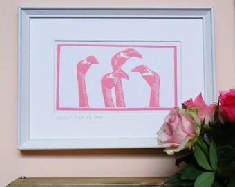 Gossip - lino cut of flamingoes