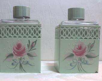 Boudoir Bottles, Tole Ware, Victorian, Set of 2, Tole Ware Sleeves, Hand Painted Roses, Bottles, Boudoir, Vanity Bottles, Victorian Vanity