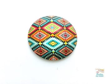 2 cabochons 25mm glass pattern fabric ethnic multicolor chevrons (cab131)