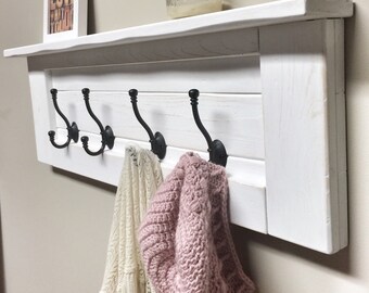 Rustic Wooden Entryway White Coat Rack, Rustic Wooden Shelf, Entryway Rack, Coat Rack, Rustic Home Decor, Rustic Furniture, Floating Shelf