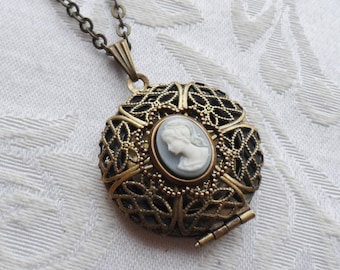 Clearance, Scent Locket Necklace with Blue and White Cameo