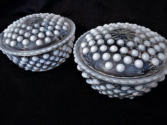 Anchor Hocking /Hobnail Glass / Powder Jars / Moonstone / Puff Box / Vanity
