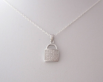 CZ stones LOCK PADLOCK sterling silver pendant with necklace chain, minimalistic love necklace/jewelry