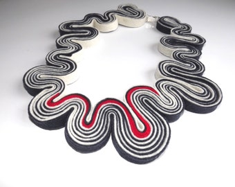 Statement Necklace Hypnotic Felt Necklace Felted Jewelry Recycled Eco Friendly Felt Bib Necklace In Navy Blue White Red Nautical Necklace