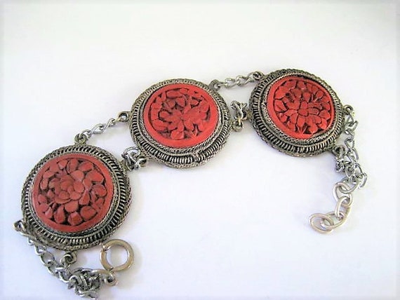 Antique China Silver bracelet, Cinnabar Estate Find, 30's Link Style