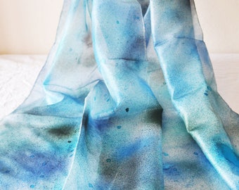 Silk scarf painted by hand, "Galactic breath" deep blue
