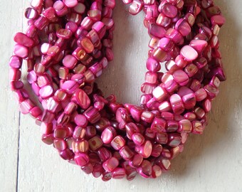 Irregular shell beads in hot pink, full strand of shimmering shell beads, pink mother of pearl beads, bright pink MOP beads, 8-10mm - strand