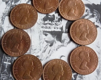 Vintage 1960s British Penny Coins Lot of EIGHT Queen Elizabeth Pennies 1967 1963