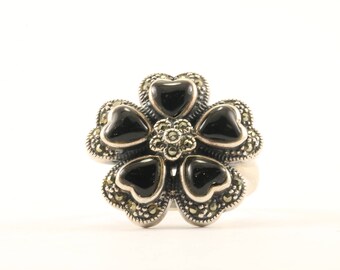 Vintage Flower Shape Onyx Marcasite Ring 925 Sterling RG 1561
