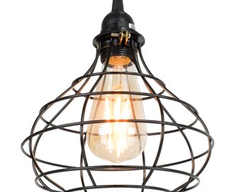 Industrial Cage Pendant Vintage Light with 15 Feet Toggle Switch Black Fabric Plug-in Cord and LED Edison Bulb Included