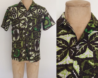 1960's Green Tiki Hawaiian Mens Button Up Shirt Size Small by Maeberry Vintage