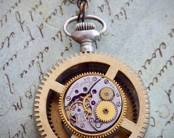Steampunk Necklace - "In the Works" - Pocket Watch Case- Pendant- Necklace - Upcycled wearable art