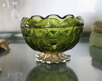 Vintage Green Glass Candy Dish, Hollywood Regency Brass and Glass Dish, Olive Green Glass Bowl, Pineapple Candy Dish, Retro Candy Dish