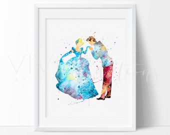 Cinderella and Prince Charming Print, Disney Princess Nursery Art Print Wall Decor, Watercolor Painting, Wall Art, Buy 2 Get 1 Free, No. 191