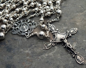Sterling Silver Rosary, Heirloom Rosary, 5 Decade Rosary, Catholic Rosary, All Metal Rosary