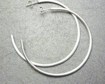 Silver hoop earrings / Sterling silver 5cm hoop earrings / Modern silver post / Handmade in the UK / boho large hoops