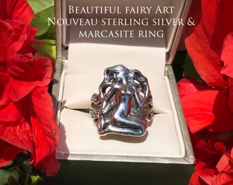 Art Nouveau fairy/ goddess sterling silver & marcasite ring!