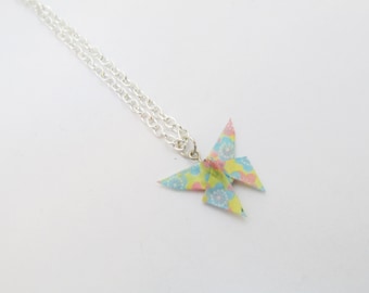 Cherry Blossom Origami Paper Butterfly Necklace- Light blue, pink, yellow cherry blossoms