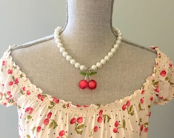 LARGE Cherry pinup necklace set - "Cherries with whipped cream on top" necklace and earring set - rockabilly - 1940s - 1950s - fruit salad