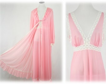 1970s Rose Pink Nylon Night Gown and Robe Set Peignoir Set by Vanity Fair Size 34