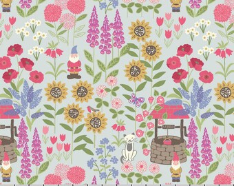 Summer Flower Fabric, Lewis and Irene Fabric, Grandma's Garden A195 1 Blue, Gnomes, Sunflowers, Wishing Well, Floral Quilt Fabric, Cotton