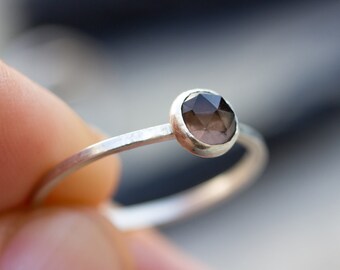 Smoky Quartz - Simple silver solitaire ring with Smoky Quartz faceted gemstone, 5mm