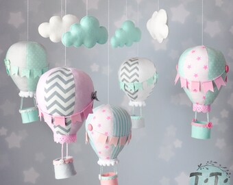 Personalized Hot Air Balloon Baby Mobile, Pastel mint pink grey Baby Mobile, Nursery Decor, Balloon Nursery, Baby Shower Gift