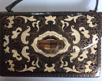 Magnifique sac à main Spulcioni Firenze 1940/50. Bourse de soirée chic Art Déco de cuir italien embossé.
