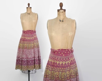 Vintage 70s Indian SKIRT / 1970s Ethnic India Cotton Batik High Waisted Bohemian Wrap Midi