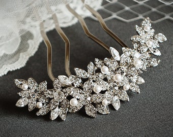 Bridal Hair Comb, Crystal Rhinestone Flower Wedding Hair Accessories, Swarovski Pearl Wedding Hair Comb, Old Hollywood Style, BEDELIA,