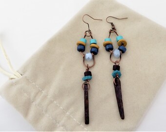 Long Dangle Earrings, Copper Wire Earrings, Wire Wrap Earrings, Multi color Drop Earrings, Artisan Earrings, Unique Earrings, Boho Earrings