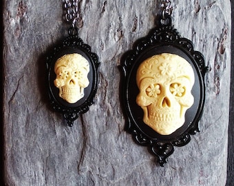 Sugar skull cameo necklace, Halloween necklace, skeleton cameo necklace, Halloween jewelry, cameo jewelry, unique holiday gift ideas
