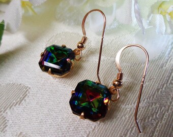 Vitral Medium Crystal Square Octagonal Drop Dangle Earrings Vintage Swarovski Glass