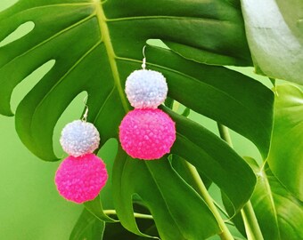 Block Blue & Pink Twin PomPom Earrings