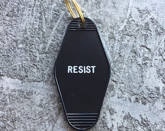 RESIST Hotel Key Chain in Black and White by Minor Thread Motel Key Fob