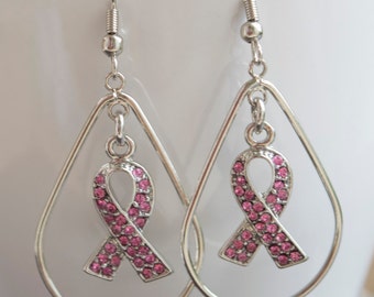 Breast Cancer Awareness Hope Drop Earrings with Rhinestones