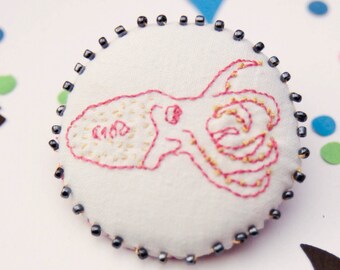 Round brooch "Dry" - embroidery done by hand surrounded by black Pearlescent beads