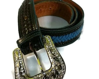 Vintage black and teal turquoise leather belt Womens silver rhinestone belt buckle large braided leather belt size 38