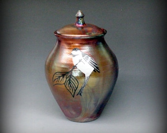Raku Urn with Chickadee in Metallic Iridescent Colors
