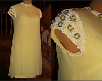 60's Mother of the Bride Dress MOD Sale Wedding Beaded Organza Overlay Lemon Yellow Ribboned Seed Bead Nugget Embellisment