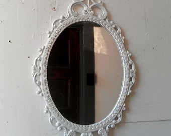 Small Bathroom Vanity Mirror, Ornate Oval White Mirror, 17x12 Vintage Frame, French Country Cottage, Shabby Chic, White Nursery Wall Decor