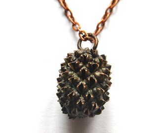 Copper plated filao seed pendant necklace, long sutoir chain for women