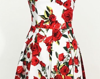 Summer dress, floral dress, red rose dress, sundress, wedding guest dress, vintage style dress, 1950s dress, flower dress, 50s dress