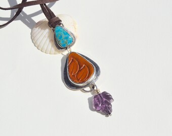 Kingman Turquoise Sterling Silver Necklace . Tooled Leather . Hand Forged . Sterling Necklace.Rustic. Necklace