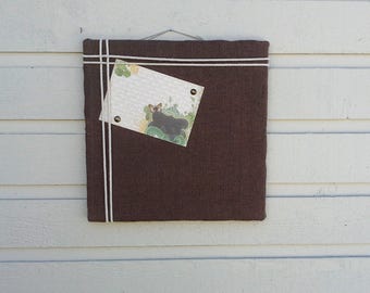 Burlap Pin Board, Chocolate Brown Photo Memory Board to display photo's or cards, great for wedding placecards, cabin and cottage decor